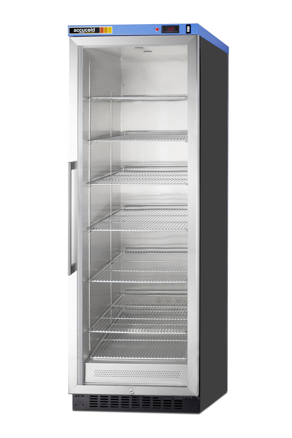 Single chamber passive heating blanket warmer with a self-closing glass door, stainless steel interior, digital thermostat, black cabinet, and lock